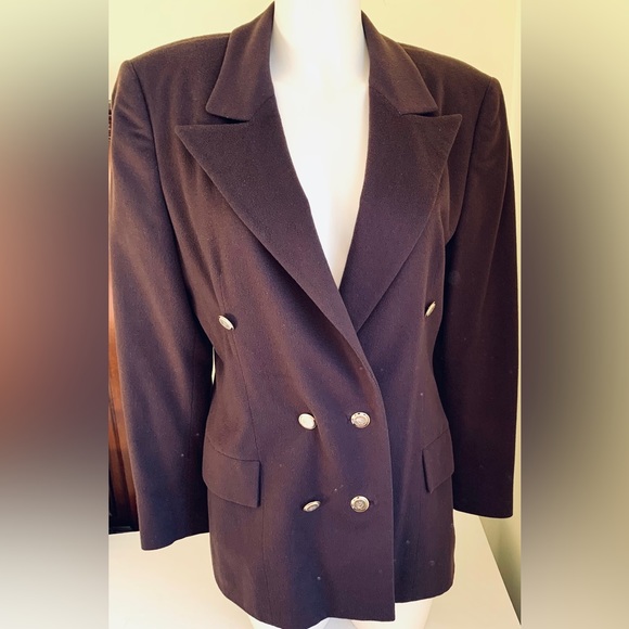 Dark chocolate brown wool blazer double breasted double collar gold buttons US 8 - Picture 2 of 16